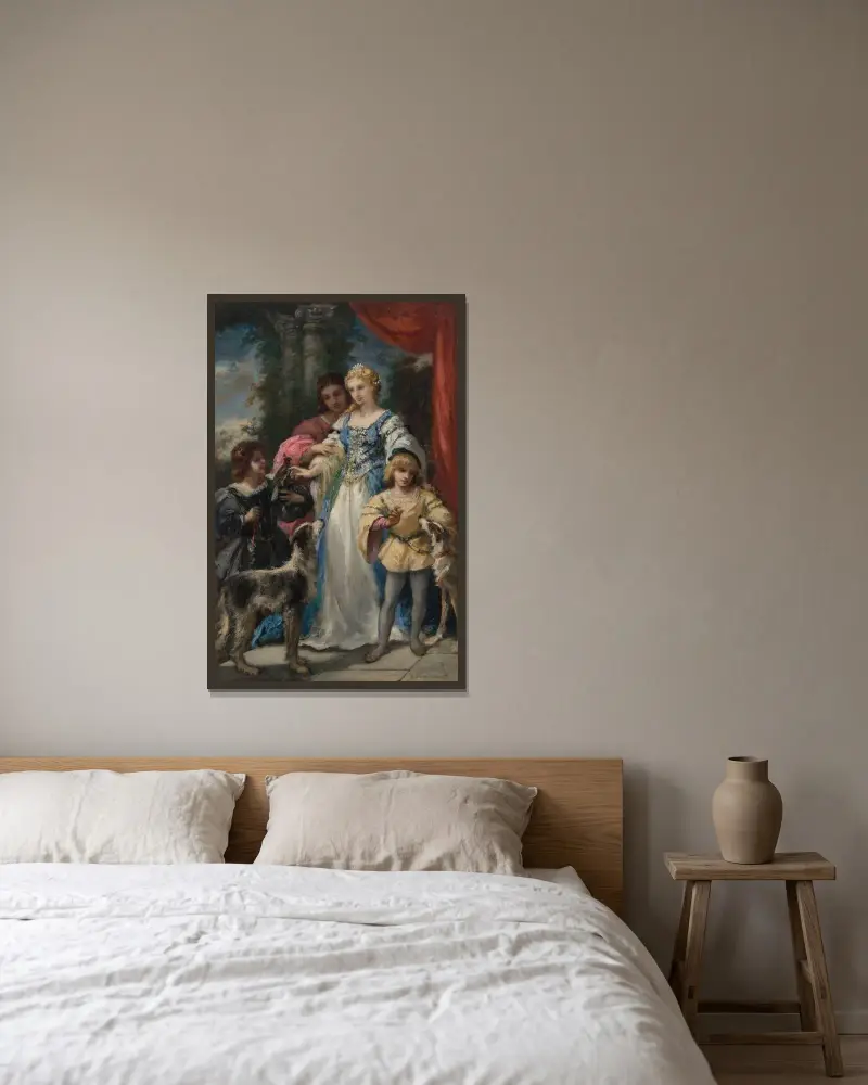 Kvinna med hundar av Narcisse-Virgile Diaz de La Peña inramad på en vägg