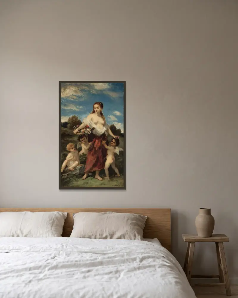 Flora överraskad av kärleken eller oskulden i fara av Narcisse-Virgile Diaz de La Peña inramad på en vägg