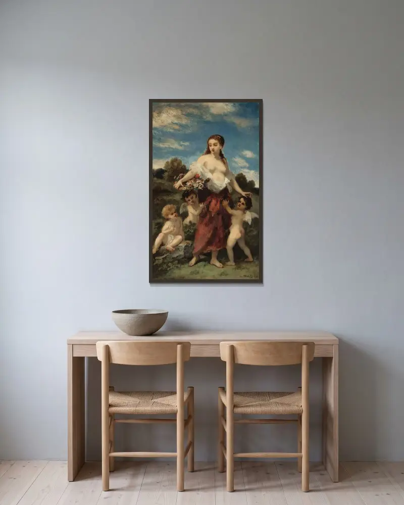 Flora överraskad av kärleken eller oskulden i fara av Narcisse-Virgile Diaz de La Peña inramad på en vägg
