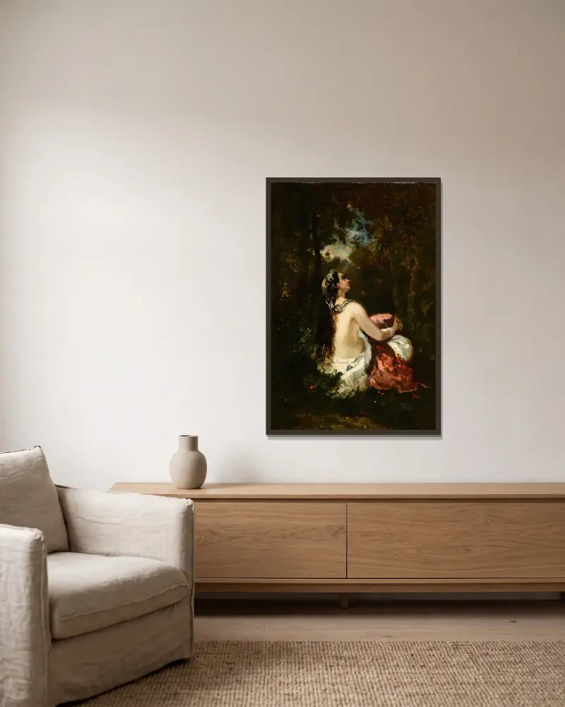 La femme à la perruche av Narcisse-Virgile Diaz de La Peña inramad på en vägg