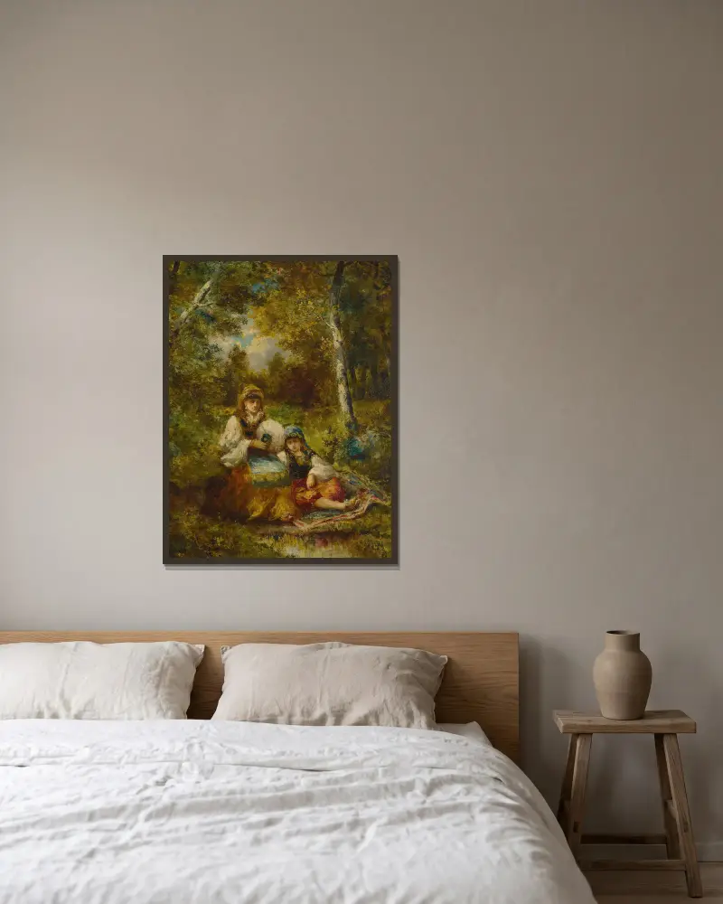 Repos de bohémiennes en forêt (esquisse) av Narcisse-Virgile Diaz de La Peña inramad på en vägg