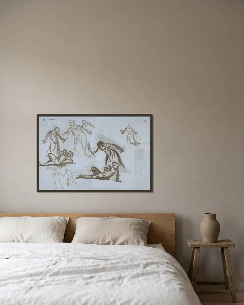 Blad med figurstudier av Narcisse-Virgile Diaz de La Peña inramad på en vägg
