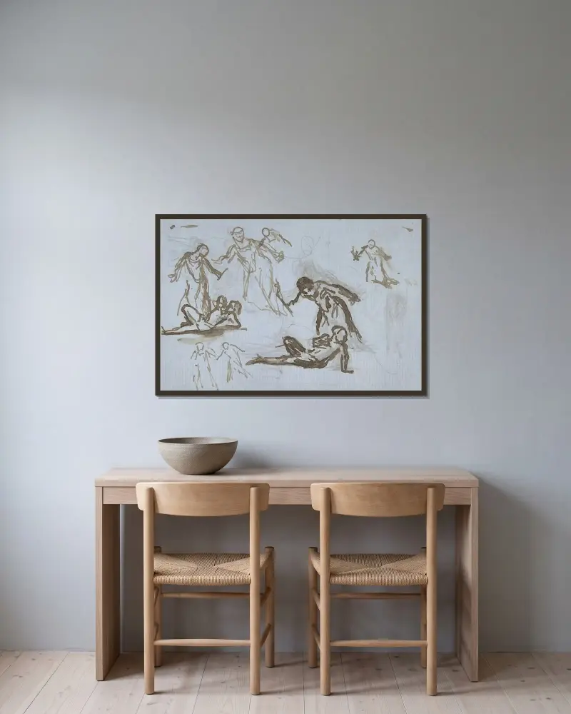 Blad med figurstudier av Narcisse-Virgile Diaz de La Peña inramad på en vägg