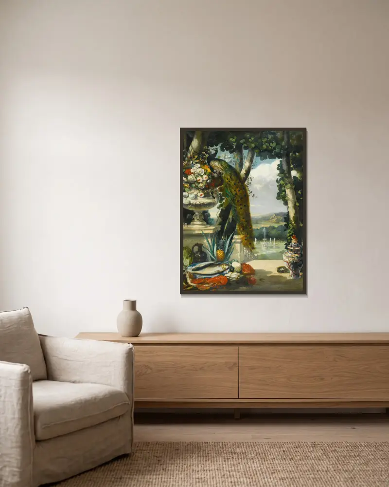Still life with peacock, flowers, fruit and japanese vase, an extensive park landscape beyond av Narcisse-Virgile Diaz de La Peña inramad på en vägg