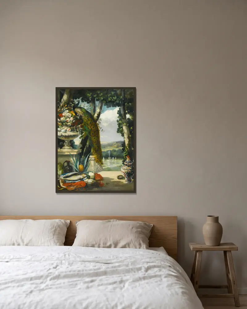Still life with peacock, flowers, fruit and japanese vase, an extensive park landscape beyond av Narcisse-Virgile Diaz de La Peña inramad på en vägg