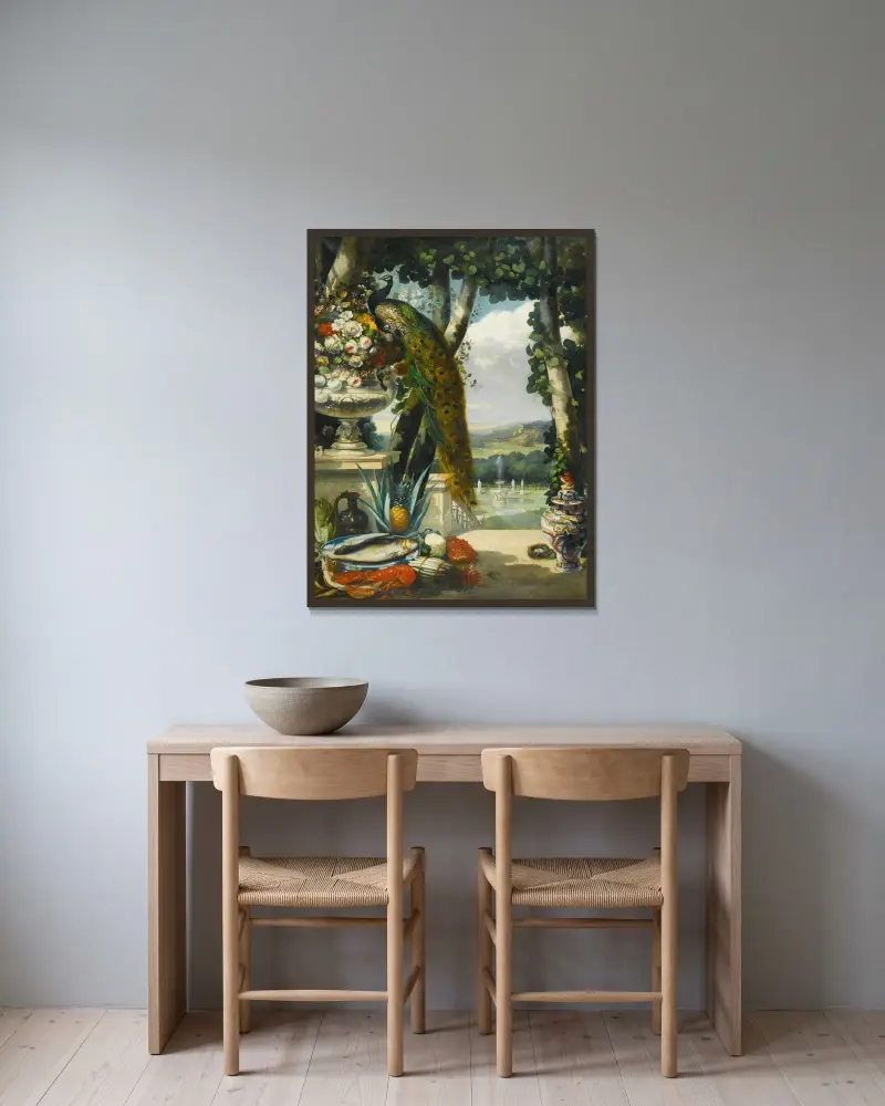 Still life with peacock, flowers, fruit and japanese vase, an extensive park landscape beyond av Narcisse-Virgile Diaz de La Peña inramad på en vägg