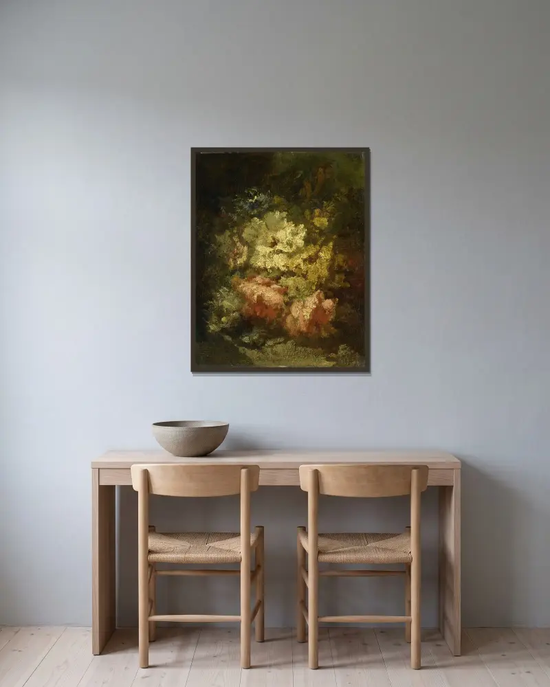 Stilleben med vita och röda rosor av Narcisse-Virgile Diaz de La Peña inramad på en vägg