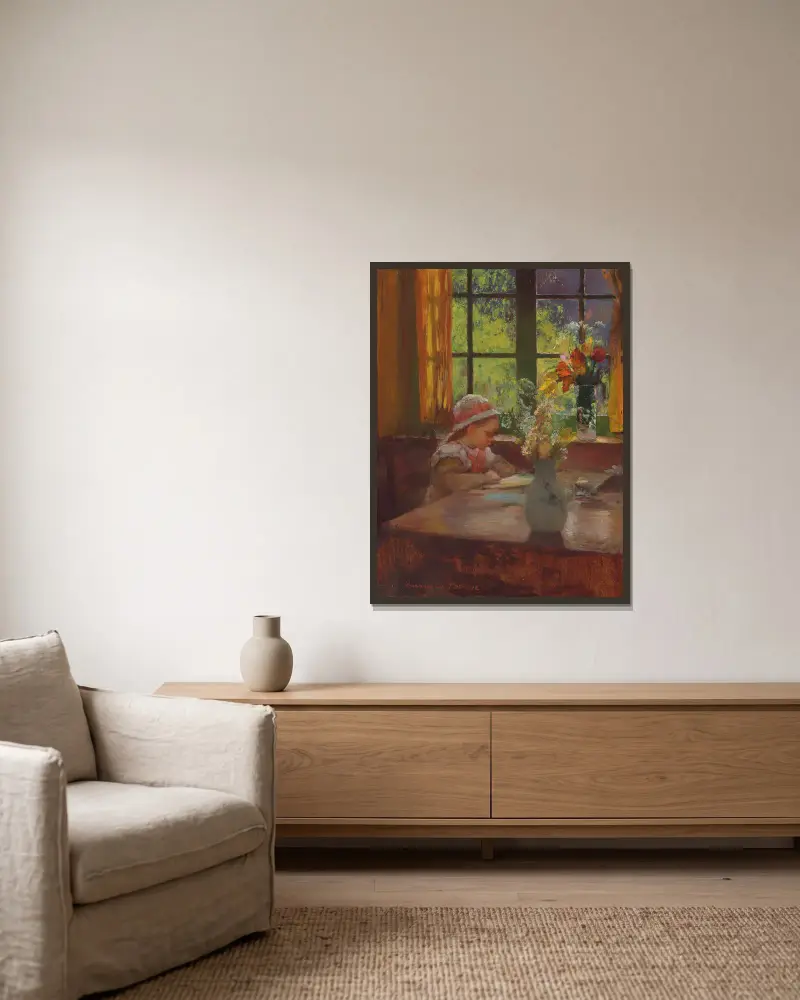Junges Mädchen mit Haube beim Lesen am Fenster von Gaston La Touche gerahmt an einer Wand