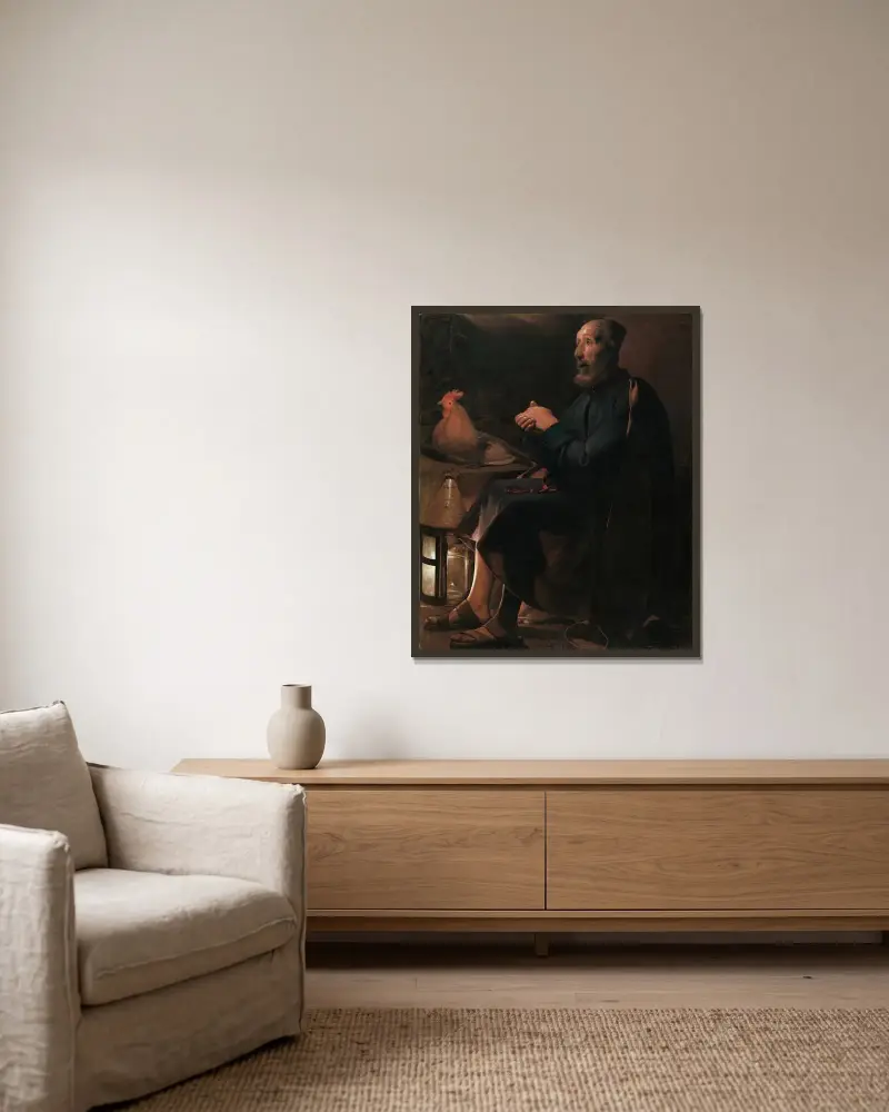 Den ångerfulle Petrus av Georges de La Tour inramad på en vägg