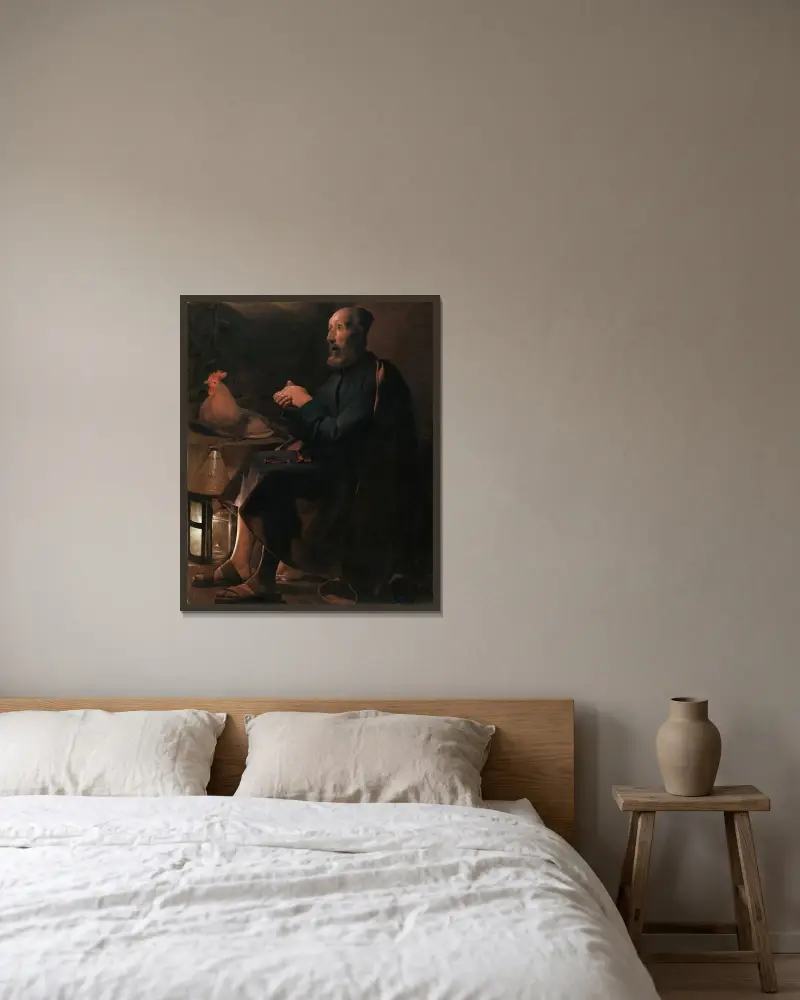 Den ångerfulle Petrus av Georges de La Tour inramad på en vägg