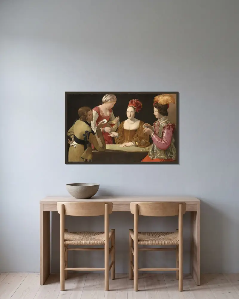 Fuskaren med klöveress av Georges de La Tour inramad på en vägg