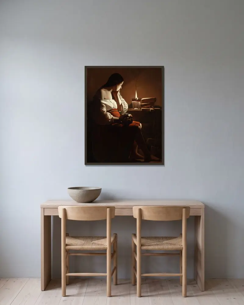 Magdalena med rökande låga av Georges de La Tour inramad på en vägg