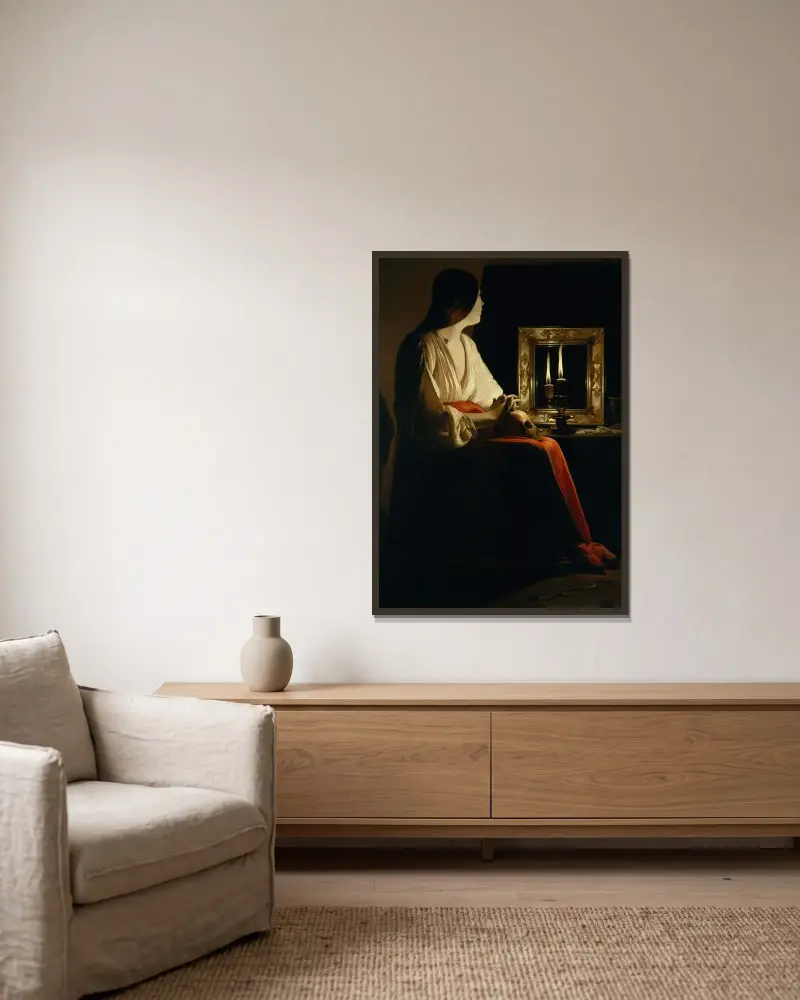 Den botfärdiga Magdalena av Georges de La Tour inramad på en vägg