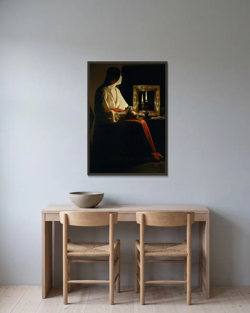 Den botfärdiga Magdalena av Georges de La Tour inramad på en vägg