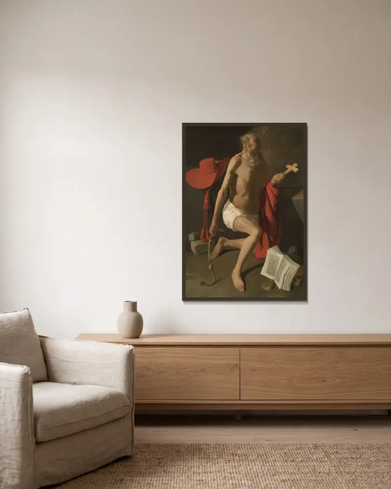 Den botfärdige Hieronymus av Georges de La Tour inramad på en vägg