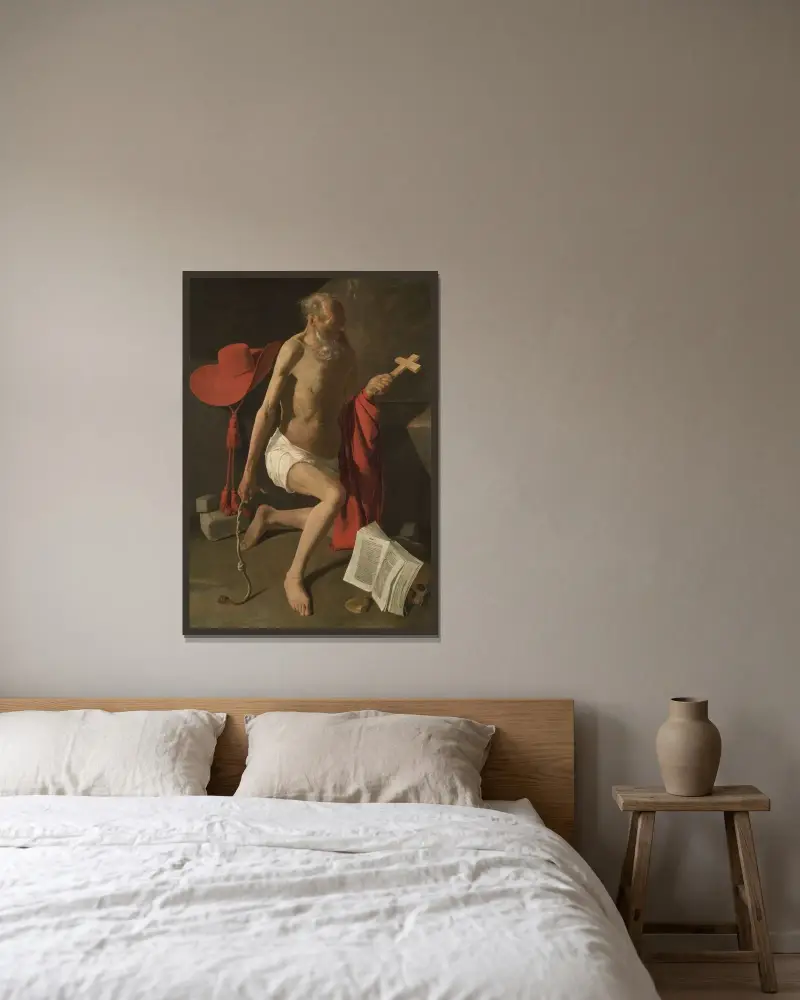 Den botfärdige Hieronymus av Georges de La Tour inramad på en vägg