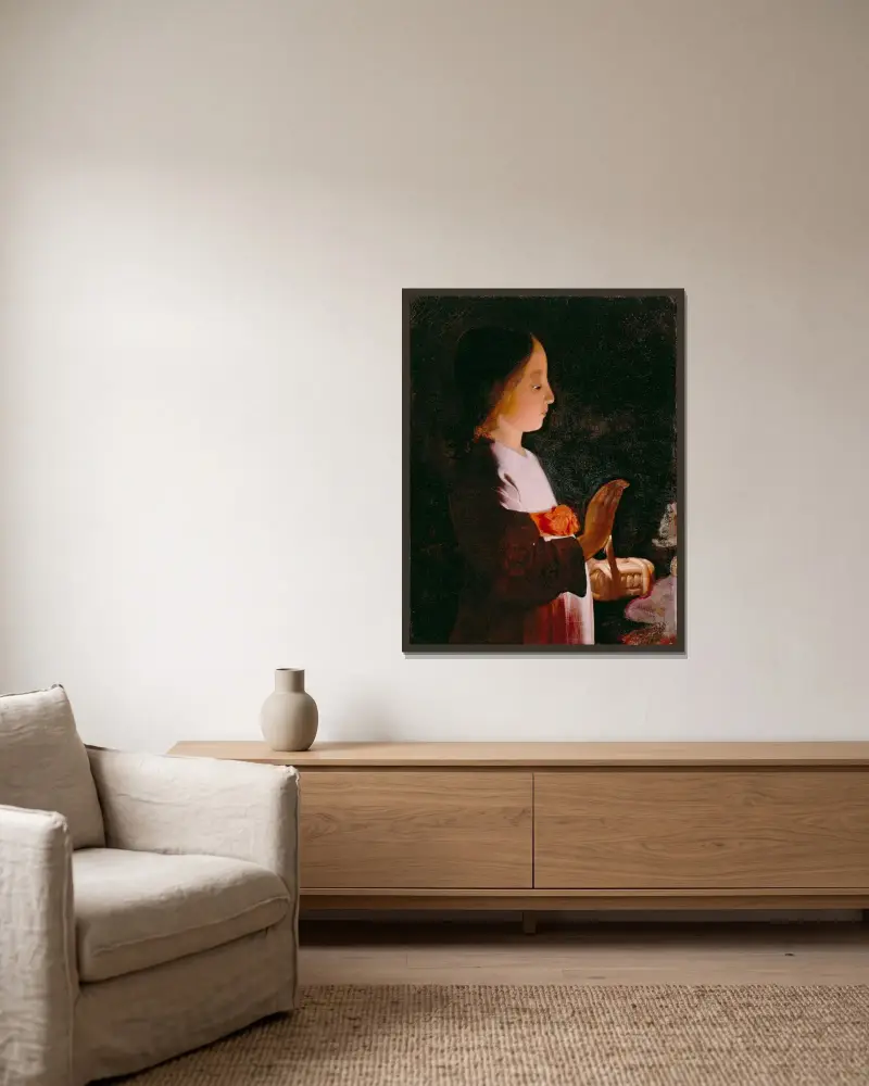 Ung jungfru Maria av Georges de La Tour inramad på en vägg
