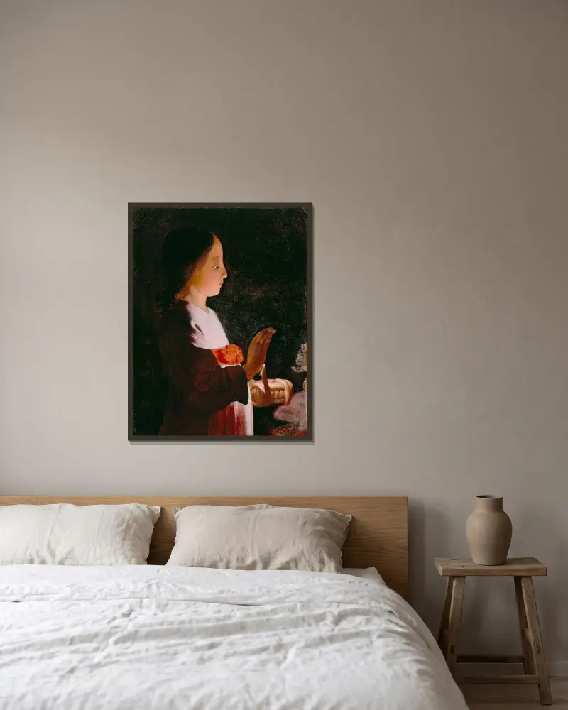 Ung jungfru Maria av Georges de La Tour inramad på en vägg