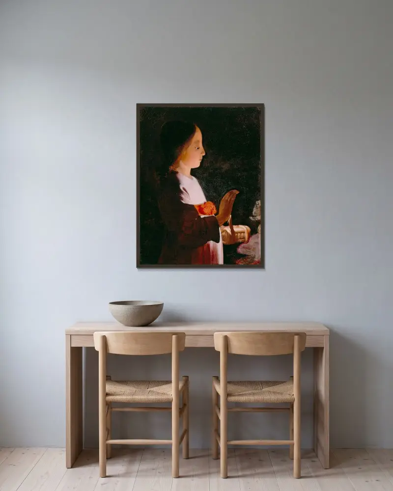 Ung jungfru Maria av Georges de La Tour inramad på en vägg