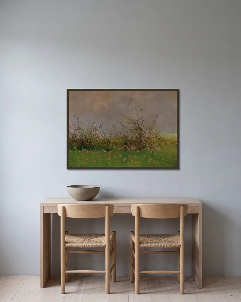 En blomsteräng av Ladislav Mednyánszky inramad på en vägg