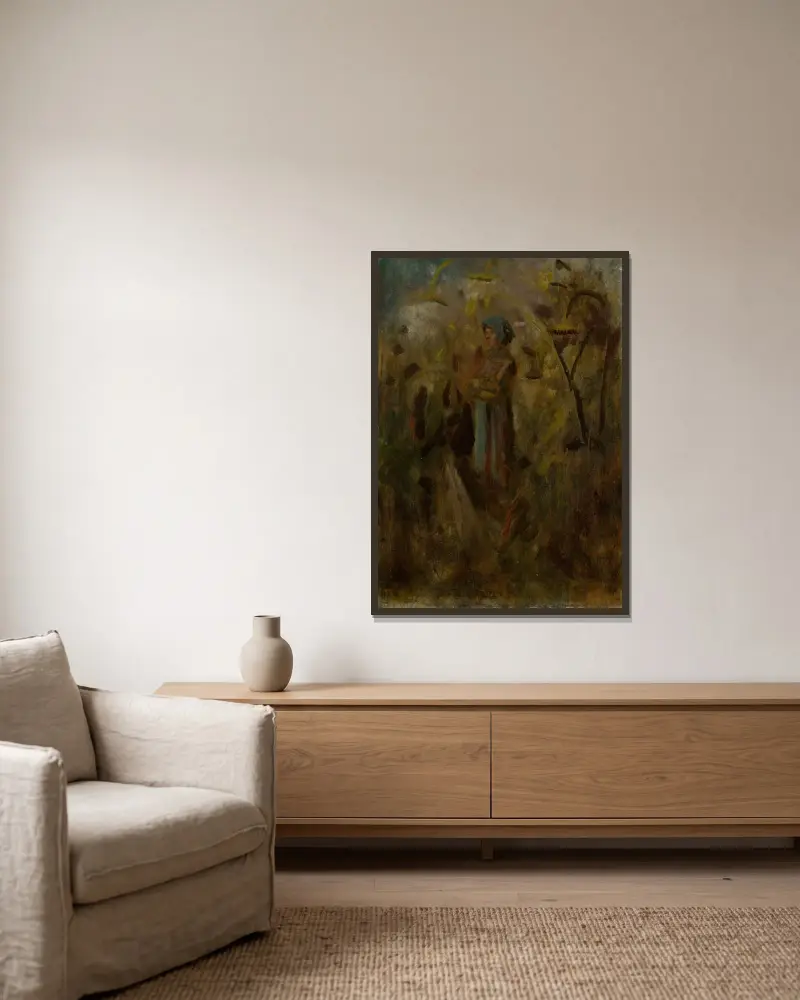 Flicka på ett fält av Ladislav Mednyánszky inramad på en vägg