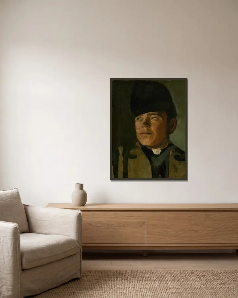 Groom in a Fur Cap av Ladislav Mednyánszky inramad på en vägg