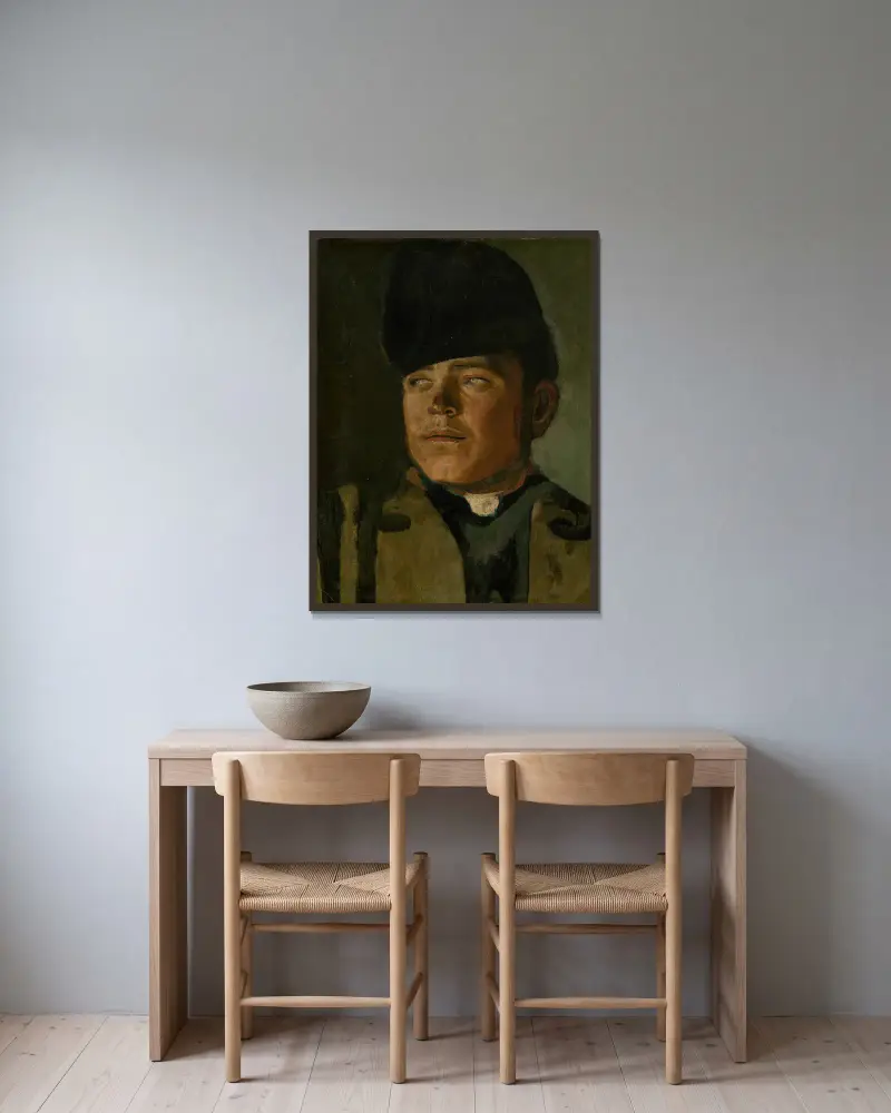 Groom in a Fur Cap av Ladislav Mednyánszky inramad på en vägg
