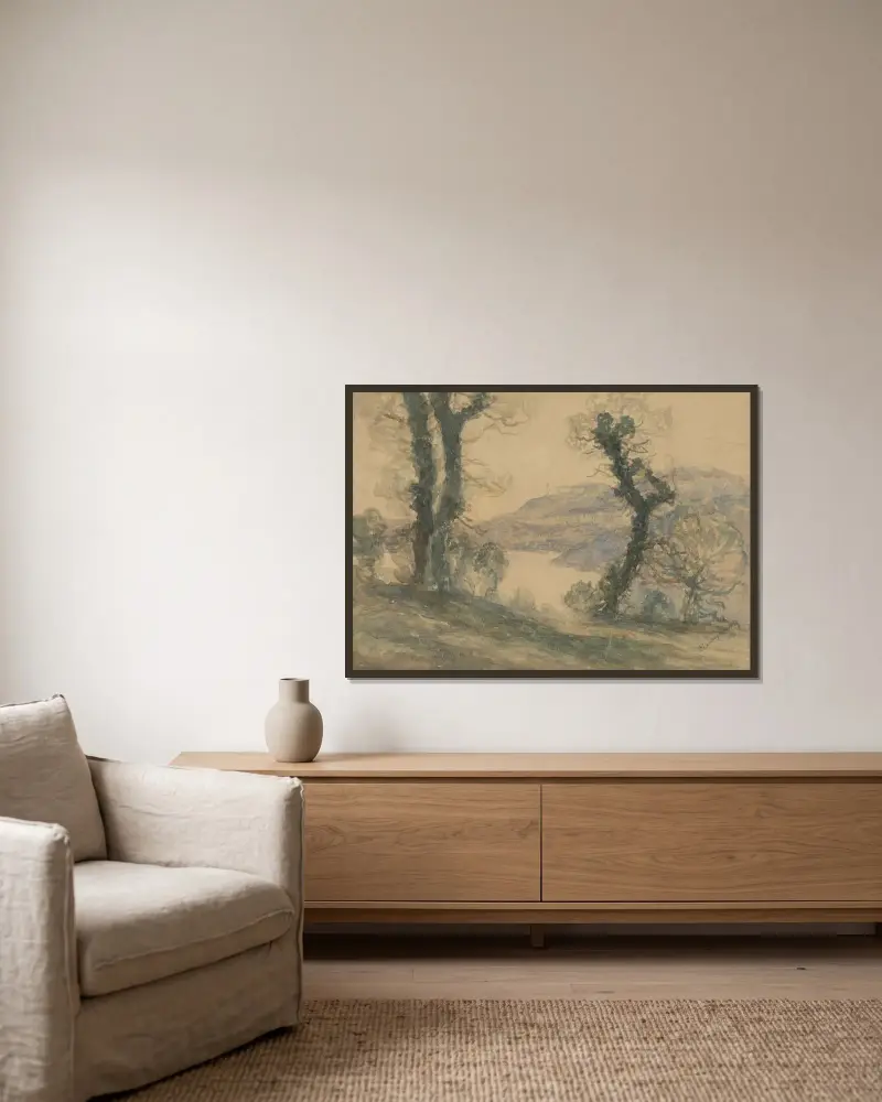 Landscape av Ladislav Mednyánszky inramad på en vägg