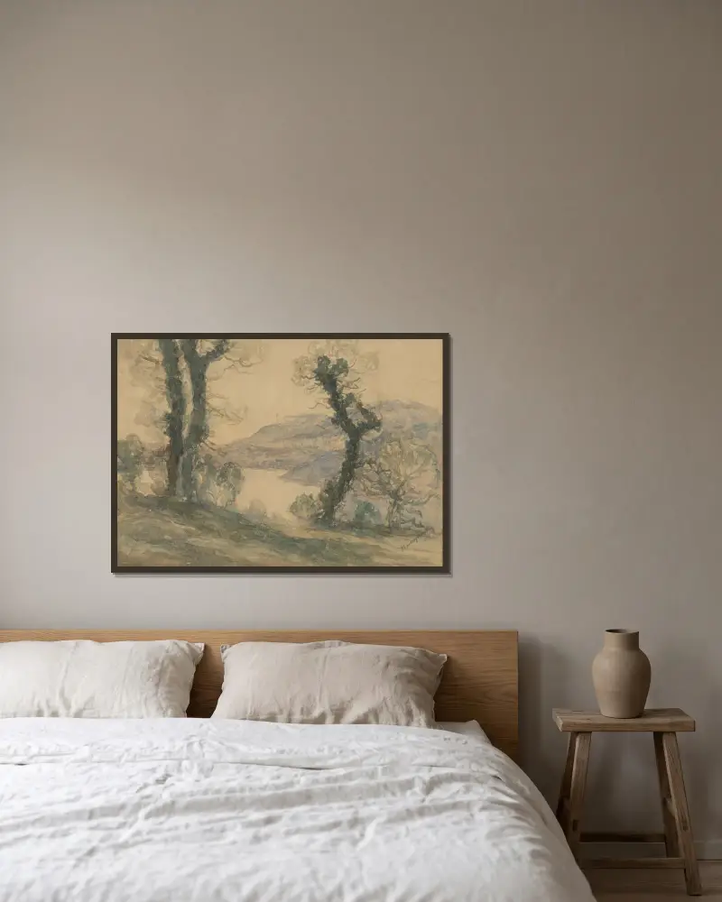 Landscape av Ladislav Mednyánszky inramad på en vägg