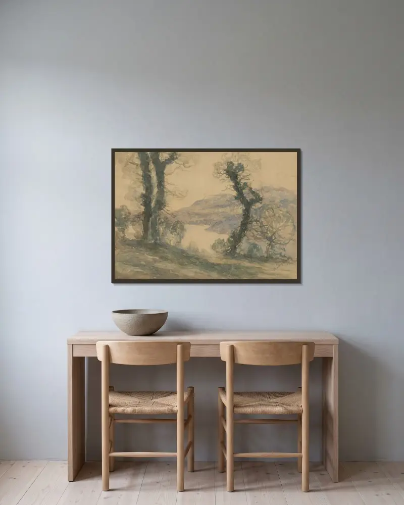 Landscape av Ladislav Mednyánszky inramad på en vägg