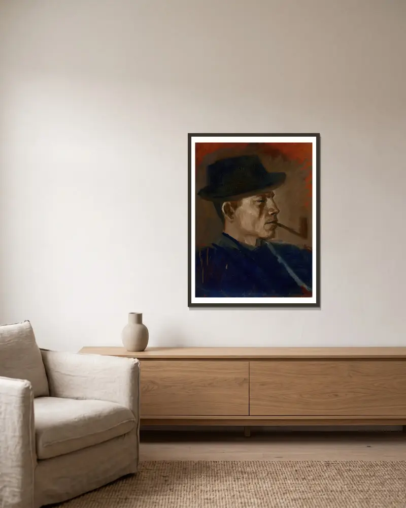 Man in Blue Smoking av Ladislav Mednyánszky inramad på en vägg