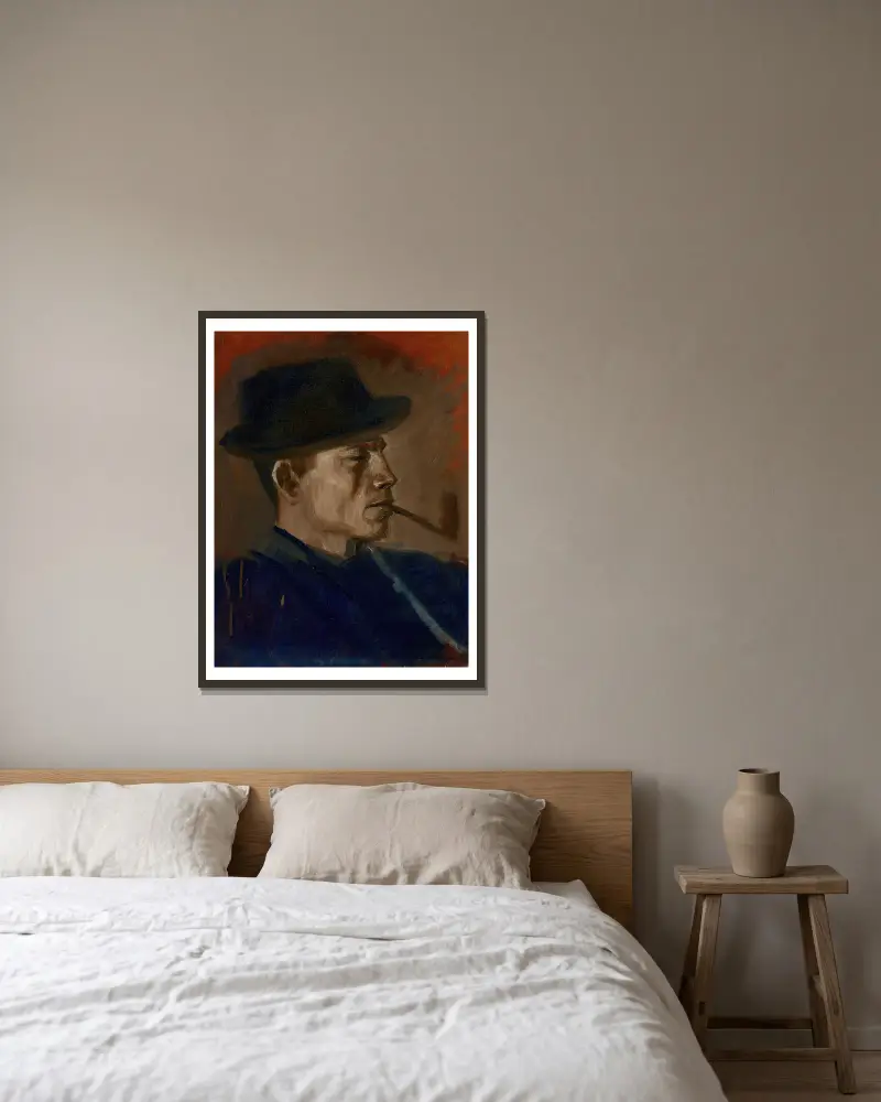 Man in Blue Smoking av Ladislav Mednyánszky inramad på en vägg