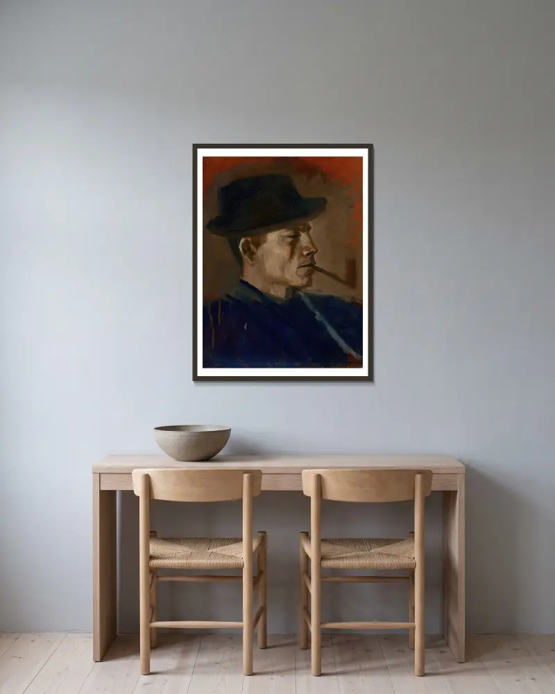Man in Blue Smoking av Ladislav Mednyánszky inramad på en vägg
