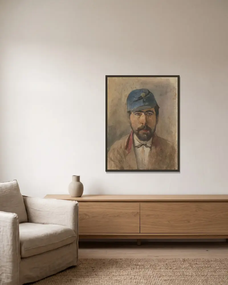 Portrait of a soldier in a blue cap av Ladislav Mednyánszky inramad på en vägg