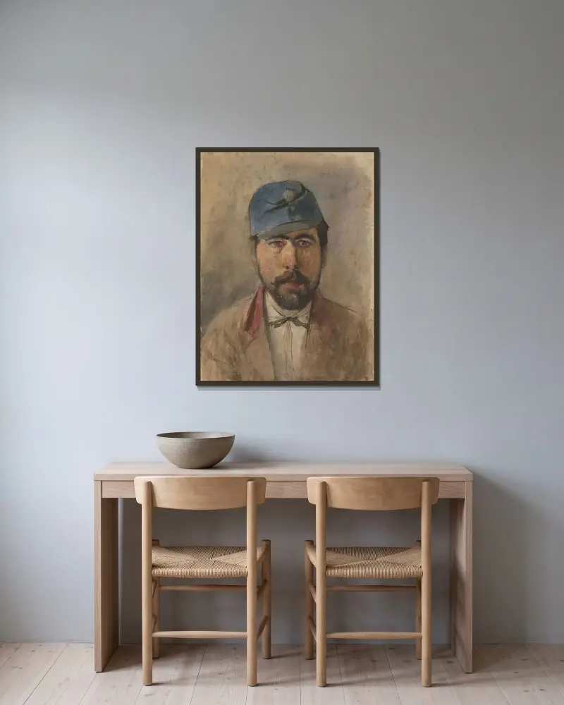 Portrait of a soldier in a blue cap av Ladislav Mednyánszky inramad på en vägg