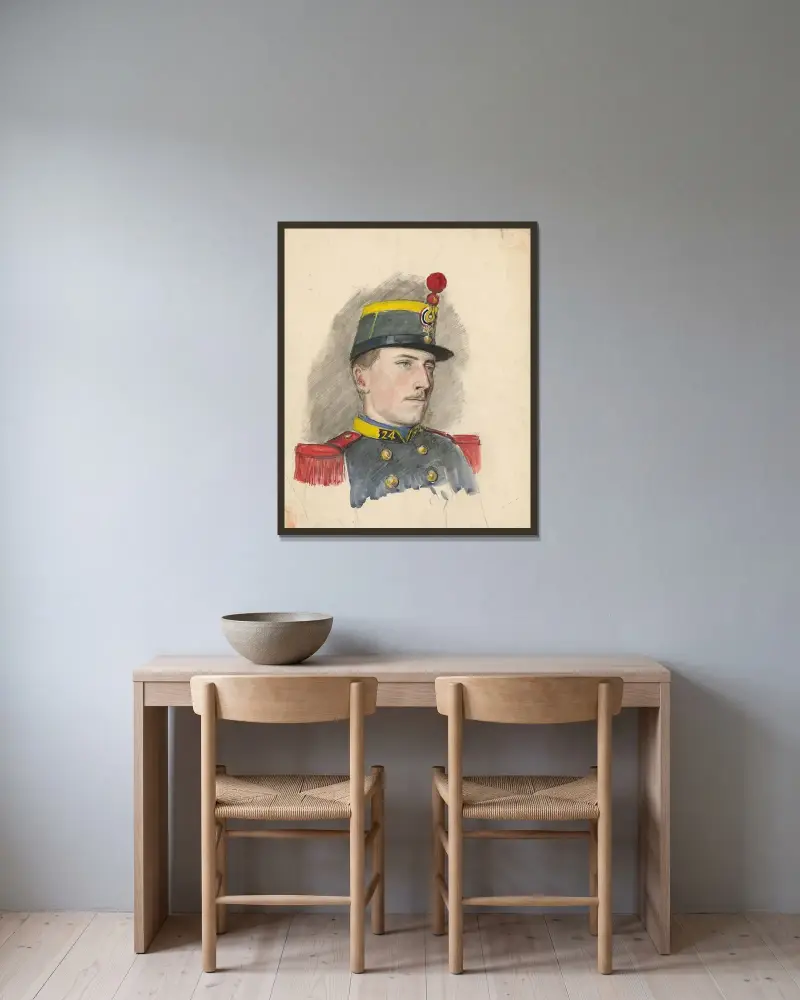 Porträtt av en soldat av Ladislav Mednyánszky inramad på en vägg