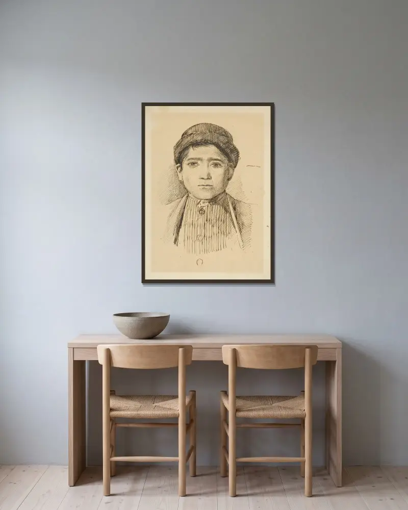 Porträttstudie av en pojke i hatt av Ladislav Mednyánszky inramad på en vägg