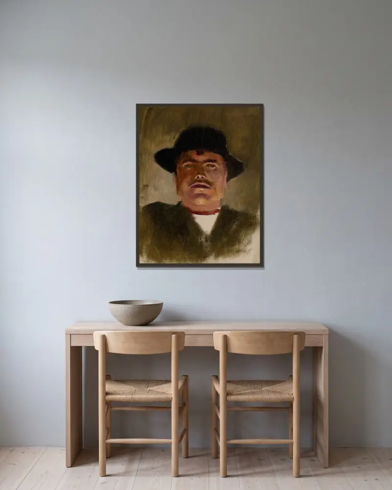 Spissk bonde med hatt av Ladislav Mednyánszky inramad på en vägg