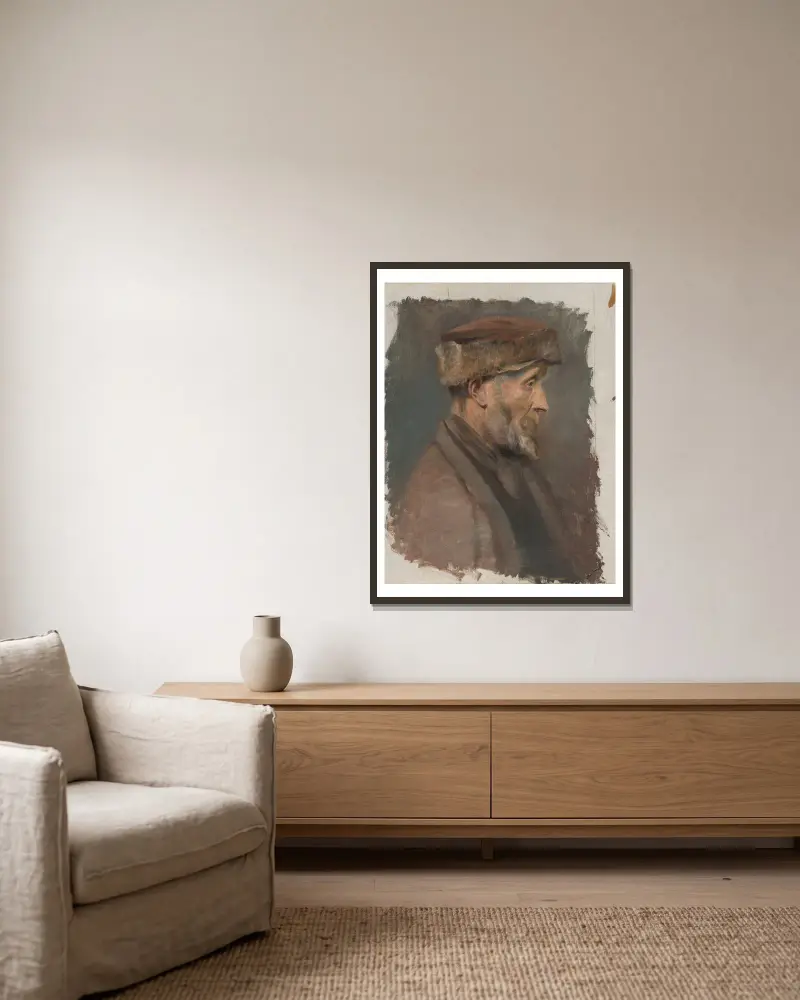 Studie eines armen alten Mannes mit Pelzmütze von Ladislav Mednyánszky gerahmt an einer Wand