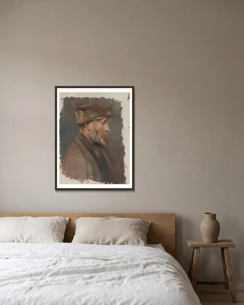 Studie eines armen alten Mannes mit Pelzmütze von Ladislav Mednyánszky gerahmt an einer Wand