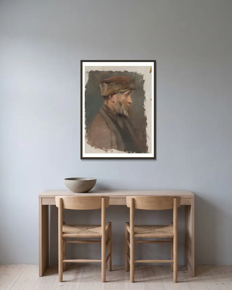 Studie eines armen alten Mannes mit Pelzmütze von Ladislav Mednyánszky gerahmt an einer Wand