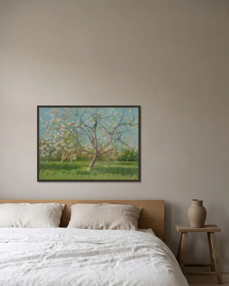Studie blühender Bäume in einem Obstgarten von Ladislav Mednyánszky gerahmt an einer Wand