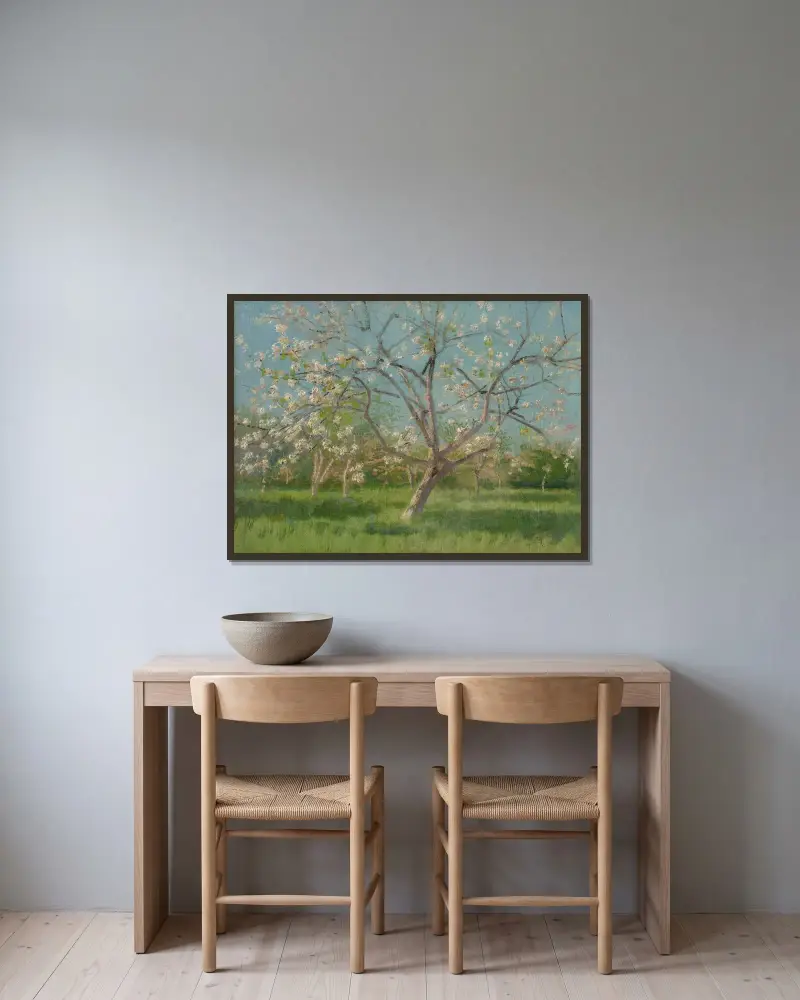 Studie blühender Bäume in einem Obstgarten von Ladislav Mednyánszky gerahmt an einer Wand