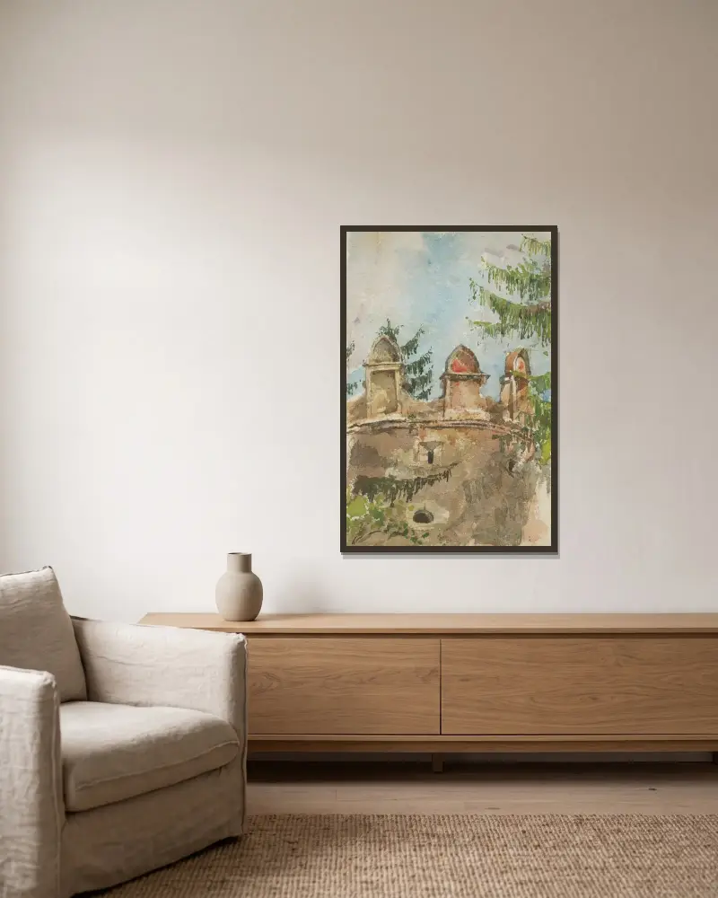 Der Turm des Herrenhauses in Strážky von Ladislav Mednyánszky gerahmt an einer Wand