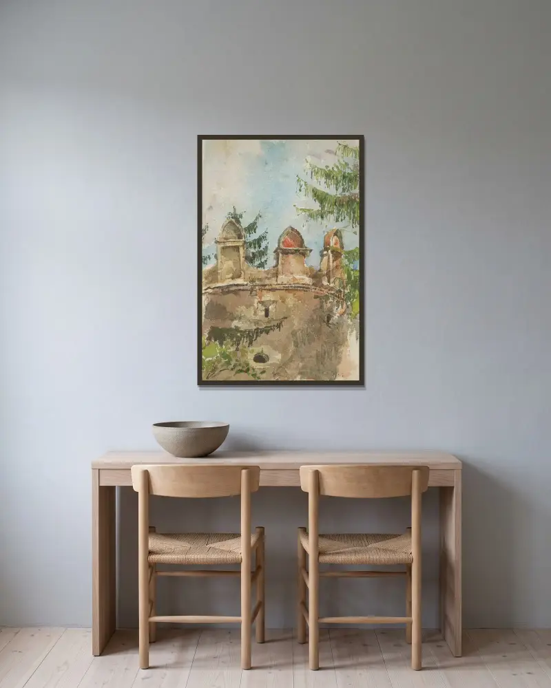 Der Turm des Herrenhauses in Strážky von Ladislav Mednyánszky gerahmt an einer Wand
