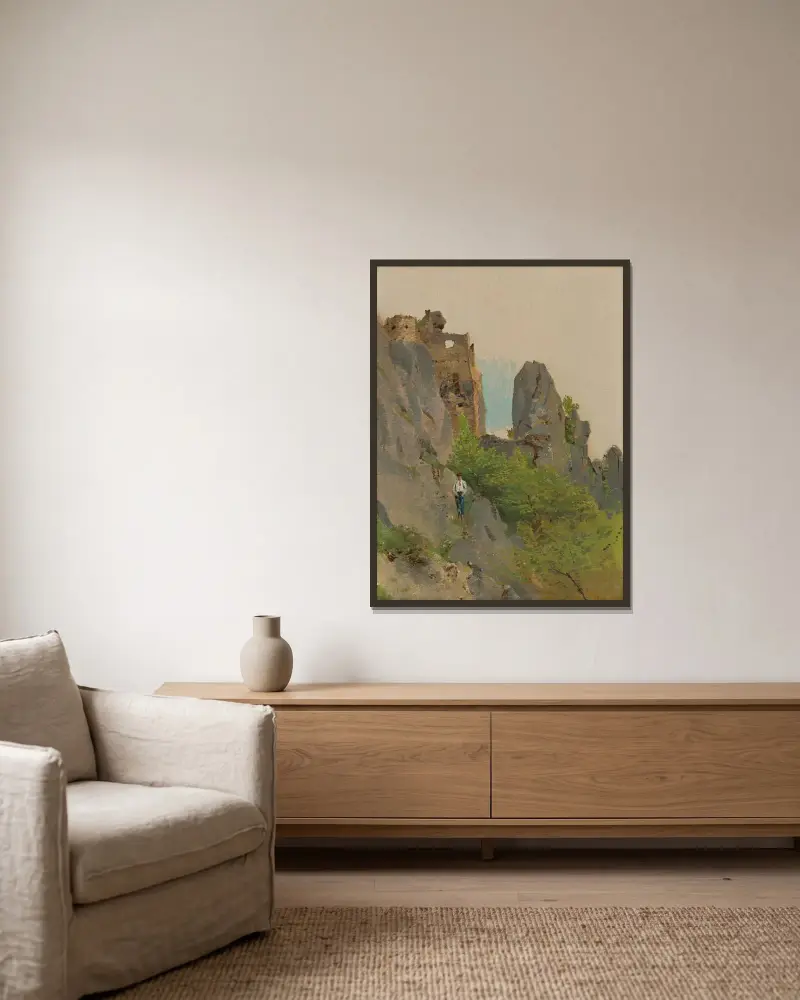 Blick auf die Ruinen von Súľov von Ladislav Mednyánszky gerahmt an einer Wand