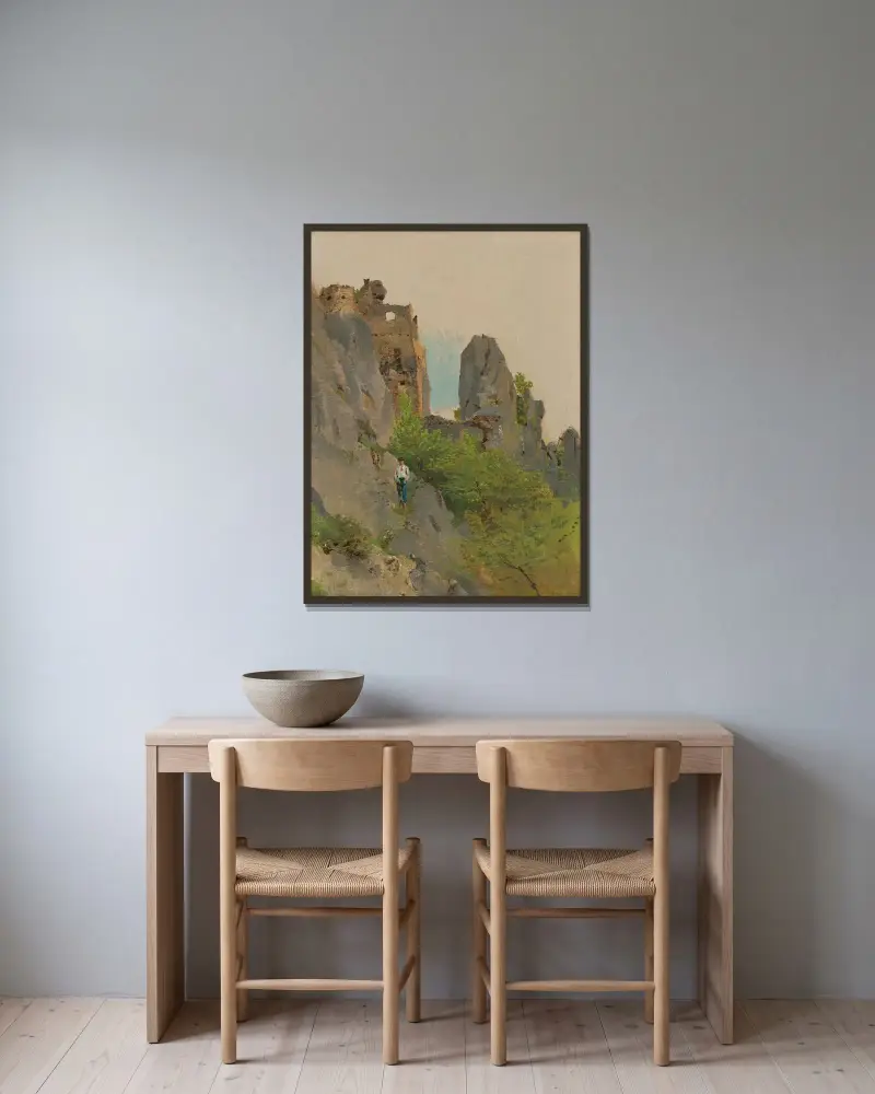 Blick auf die Ruinen von Súľov von Ladislav Mednyánszky gerahmt an einer Wand