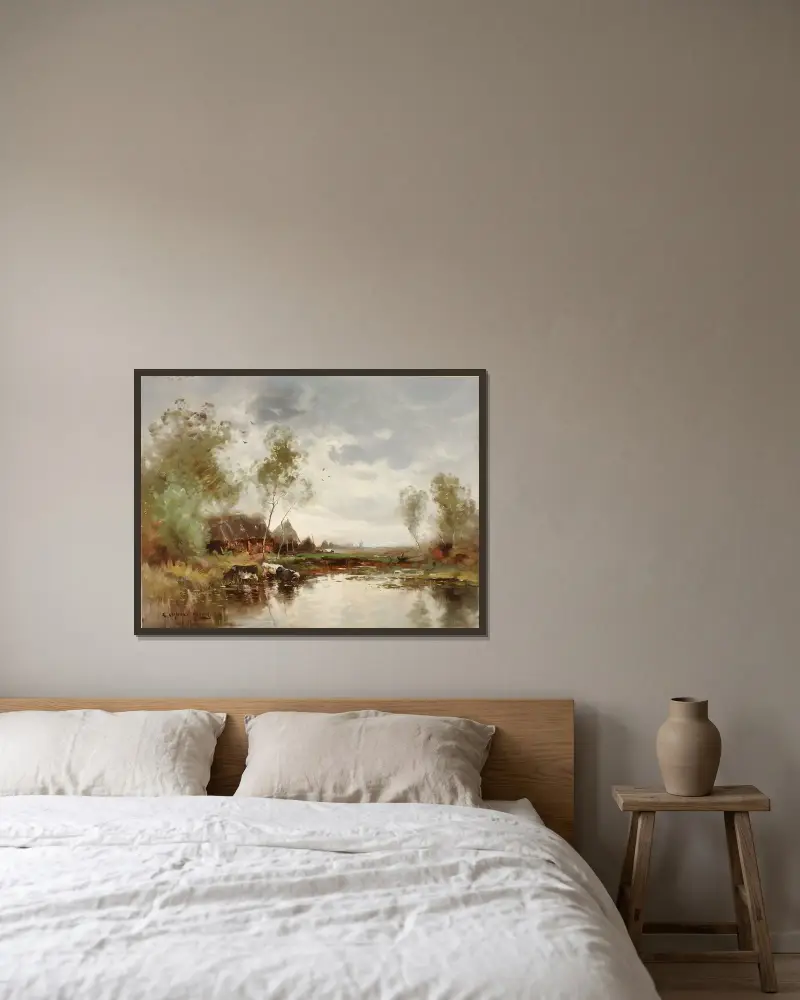 Landskap med vindkvarn av E. Landseer Harris inramad på en vägg