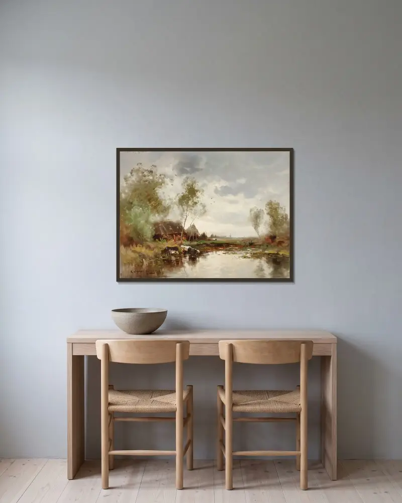 Landskap med vindkvarn av E. Landseer Harris inramad på en vägg