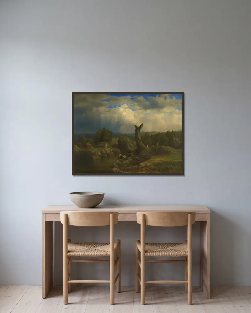 Sommarlandskap, åskan hotar av Lars Hertervig inramad på en vägg